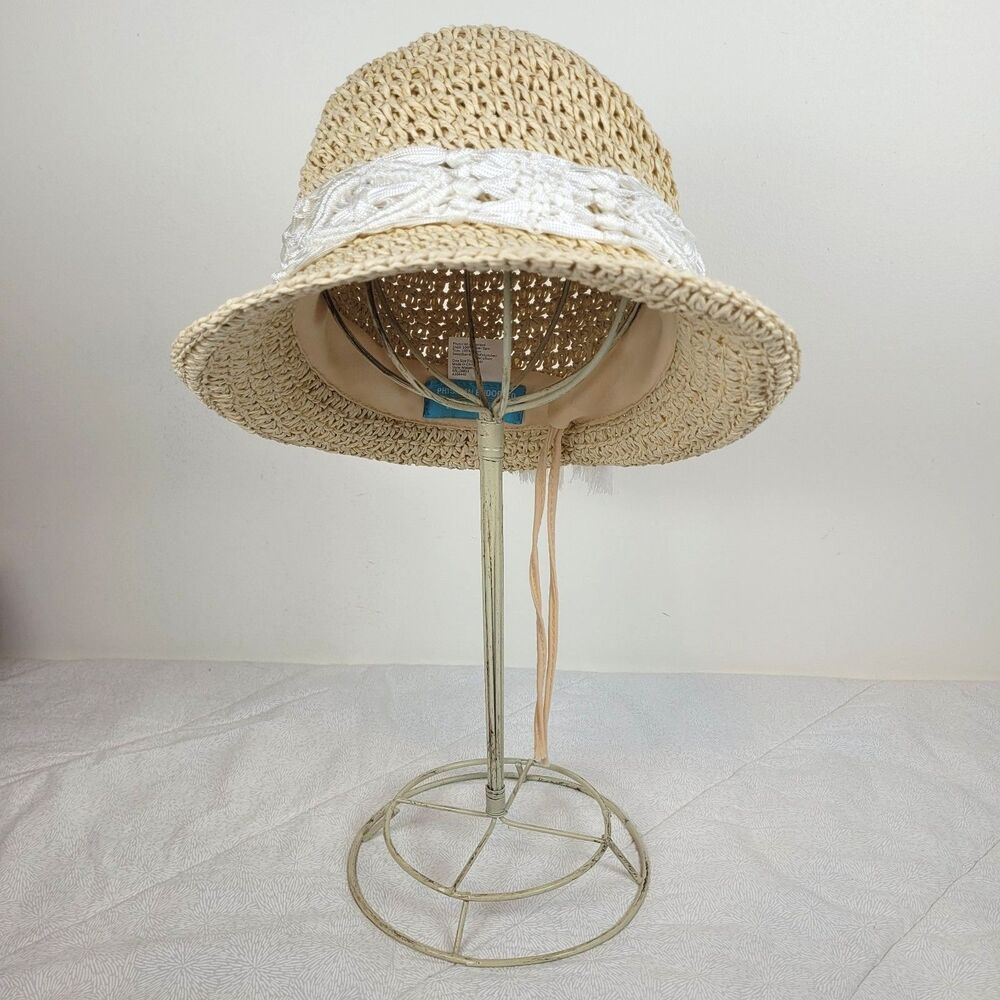 Physician Endorsed Makena Straw Fedora Hat Tan Macrame Band Tassels One Size